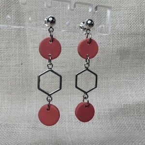Coral Stud Dangle Earrings With Silver Hexagon and metal - HANDMADE